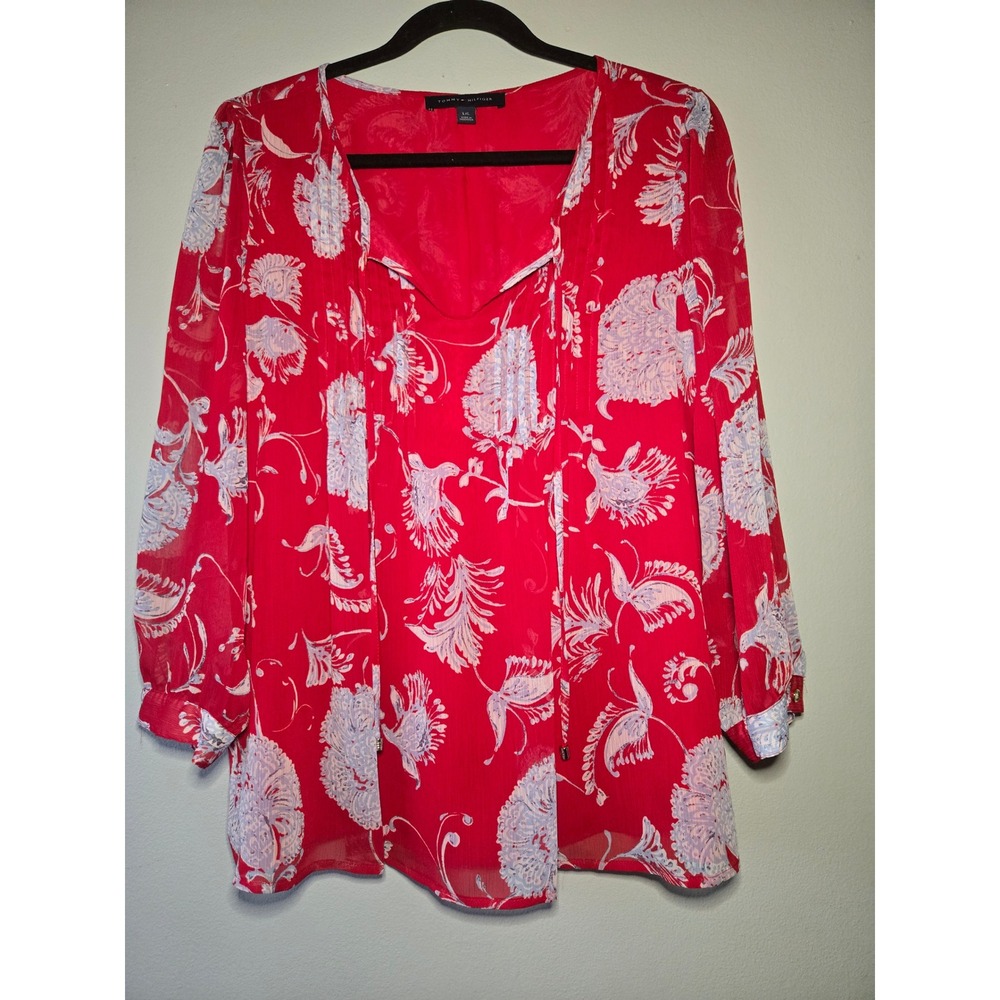 Tommy Hilfiger Red Floral Sheer Blouse‎ Tie Neck Boho Top Large